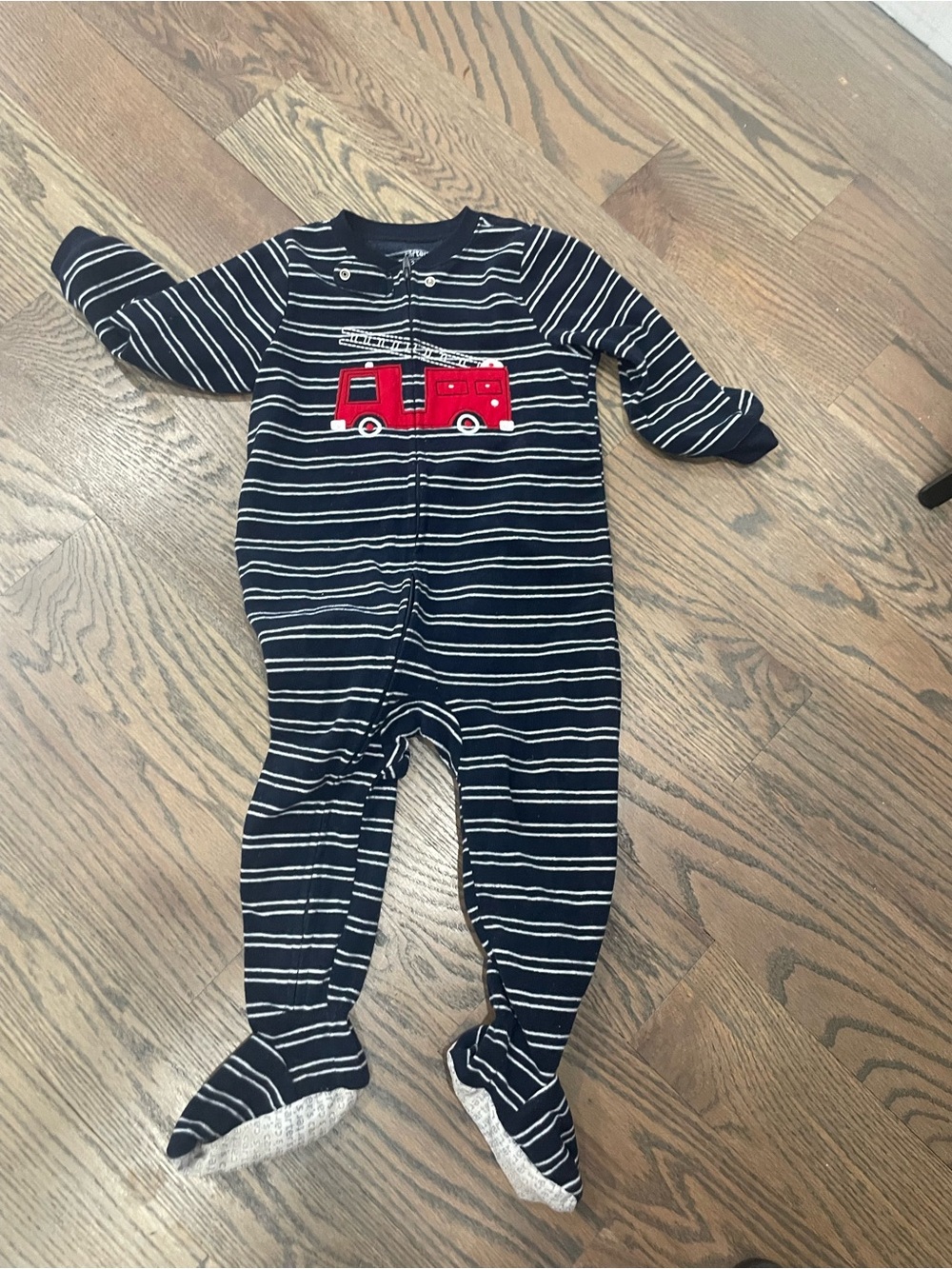 Carter's /Navy & White Striped Footed One-Piece w/ Red Fire Engine -Disney